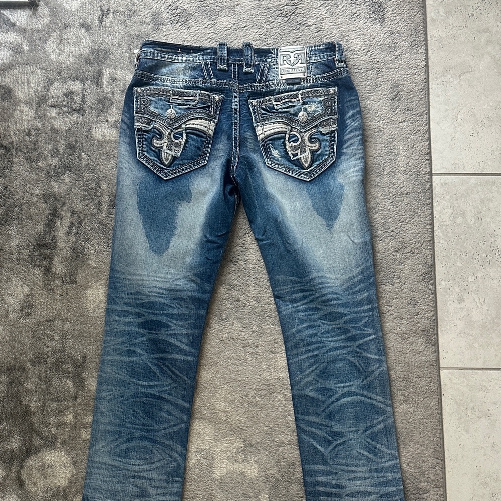 Rock Revival Blue Straight Jeans with Embroidered Pockets